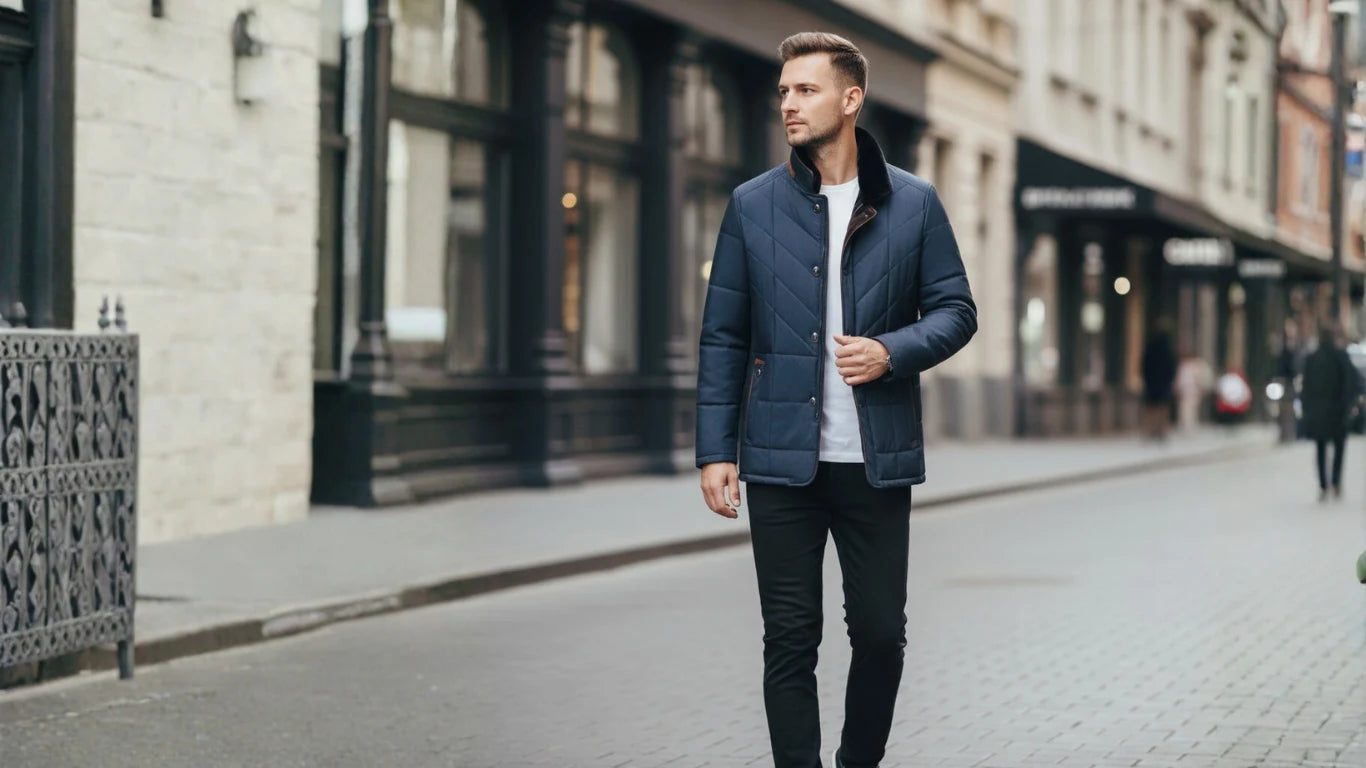 Man walking on a city street wearing a blue jacket with a fur-lined hood.
