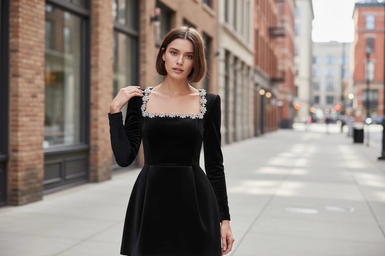 Woman wearing a black dress with a square neckline in an urban setting