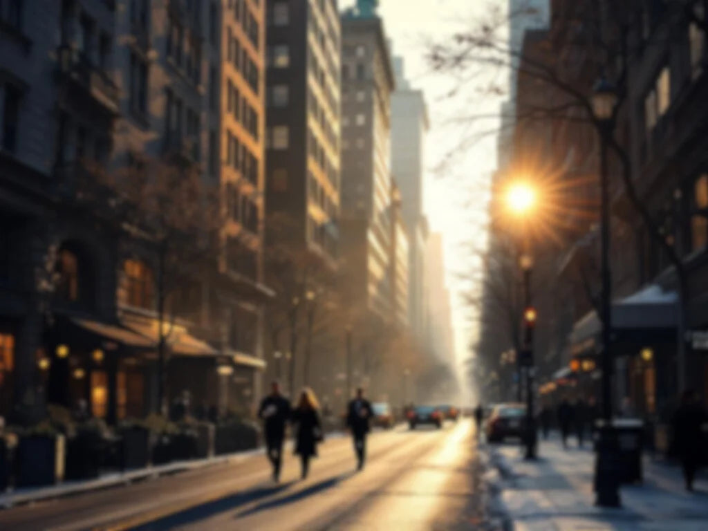 Blurred city street scene with people walking during sunset.