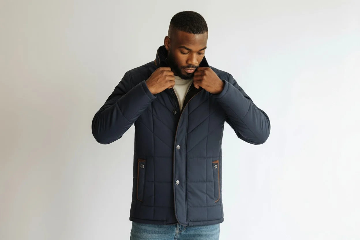 Man wearing a navy quilted jacket against a plain background